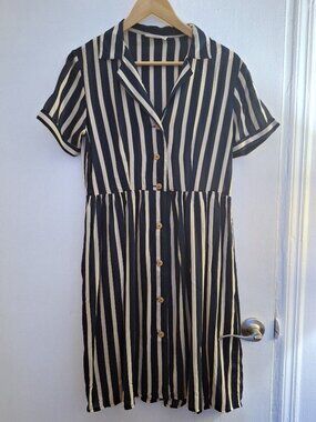Mango Navy and Cream Striped Short Sleeved Shirt Dress Size M